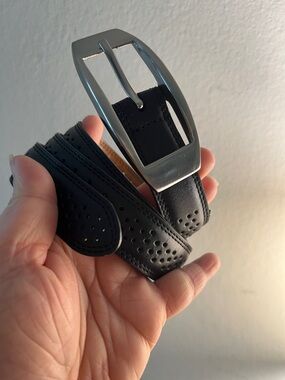 Men's Black Perforated Leather Belt with Silver Buckle